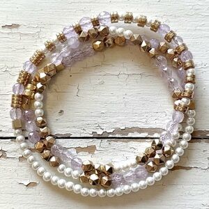 Lavender Faceted Kunzite, Gold Hematite & Mother of Pearl Triple Wrap Bracelet